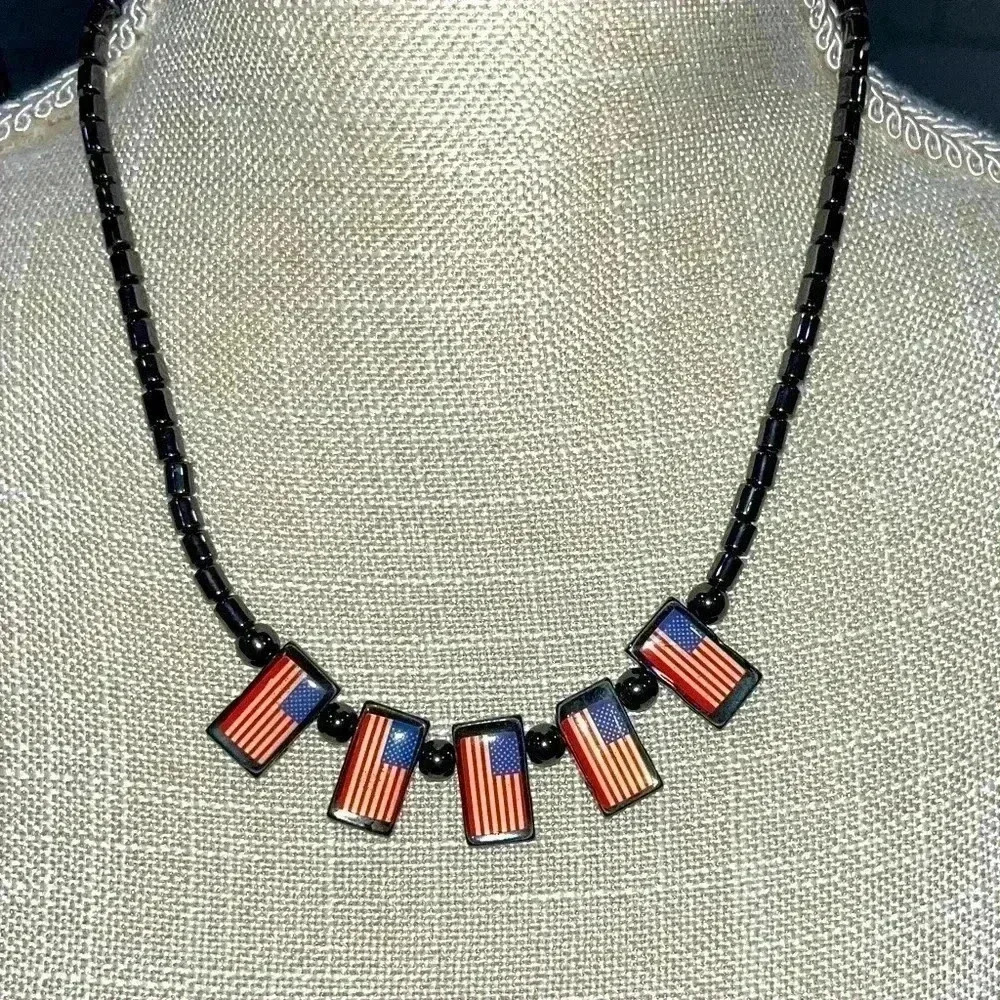 Hematite American flag patriotic necklace, 4th of July, unisex